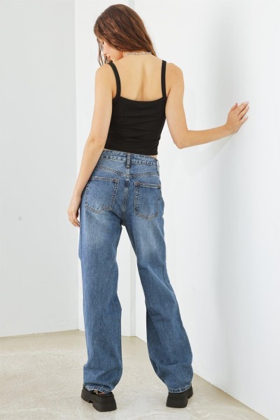 Medium Blue Denim Five Pocket Distressed High Waist Jeans