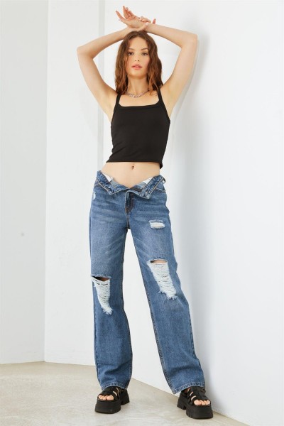 Medium Blue Denim Five Pocket Distressed High Waist Jeans