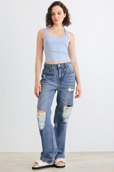 Medium Blue Denim Five Pocket Distressed High Waist Jeans