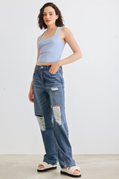 Medium Blue Denim Five Pocket Distressed High Waist Jeans