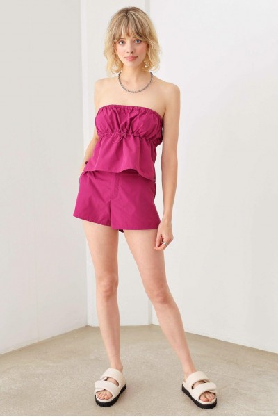 Strapless Front Toggle Drawstring Crop Top & Mid Waist Short Set