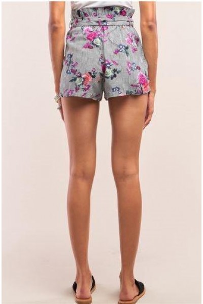 Houndstooth Print Floral Print High Waist Self-Tie Belt Relaxed Fit Mini Shorts