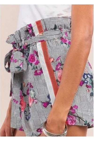 Houndstooth Print Floral Print High Waist Self-Tie Belt Relaxed Fit Mini Shorts