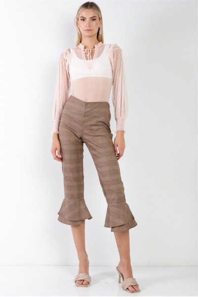 Brown Checkered High-Waisted Capri Pants /1-2-2-1