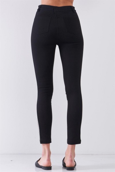 Black Mid-Rise Glitter Multi-Stripe Side Trim Detail Skinny Pants