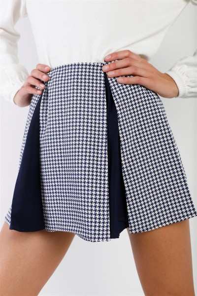 Navy & Cream Houndstooth Print Pleated High Waist Mini Skirt