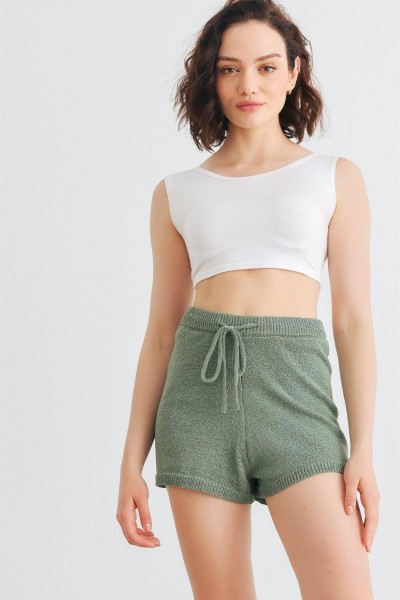 Dusty Green Knit High Waist Shorts