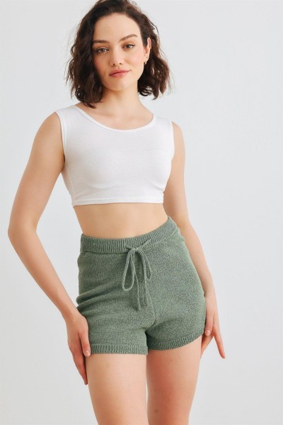 Dusty Green Knit High Waist Shorts