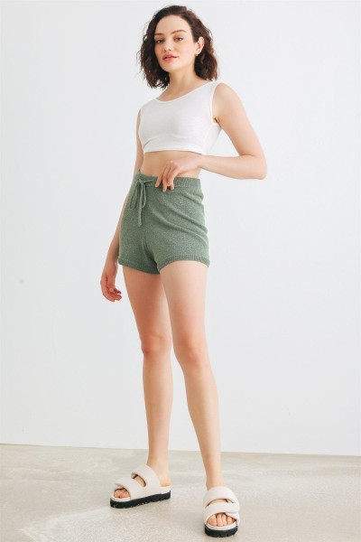 Dusty Green Knit High Waist Shorts