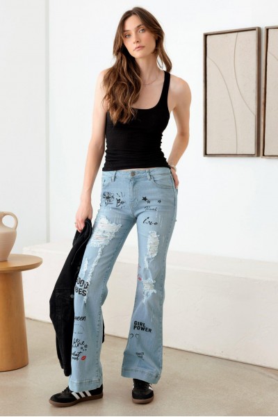 Blue Mid Waist Slogan Graphic Print Flare Jeans