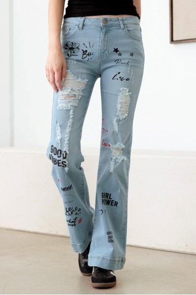 Blue Mid Waist Slogan Graphic Print Flare Jeans