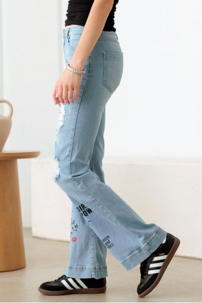 Blue Mid Waist Slogan Graphic Print Flare Jeans