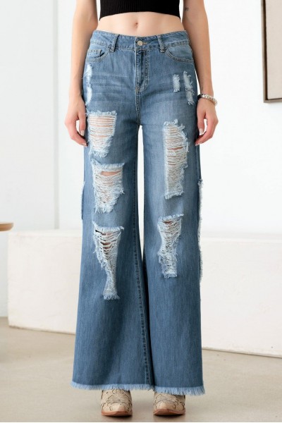 Blue Side Slit Wide Leg Destroyed Jeans