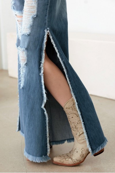 Blue Side Slit Wide Leg Destroyed Jeans