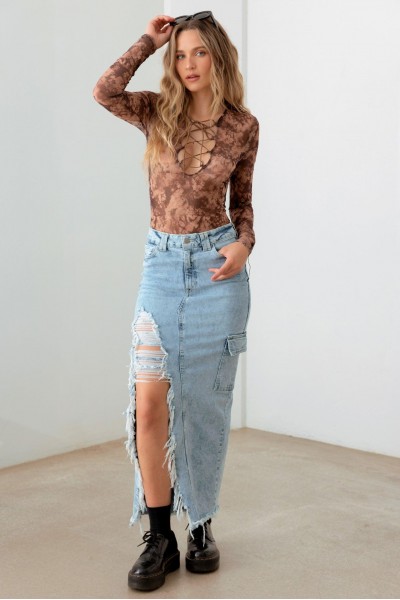 Front & Back Slit Cargo Pocket Maxi Denim Skirt