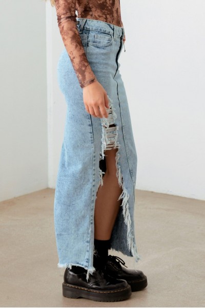 Front & Back Slit Cargo Pocket Maxi Denim Skirt