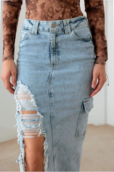 Front & Back Slit Cargo Pocket Maxi Denim Skirt