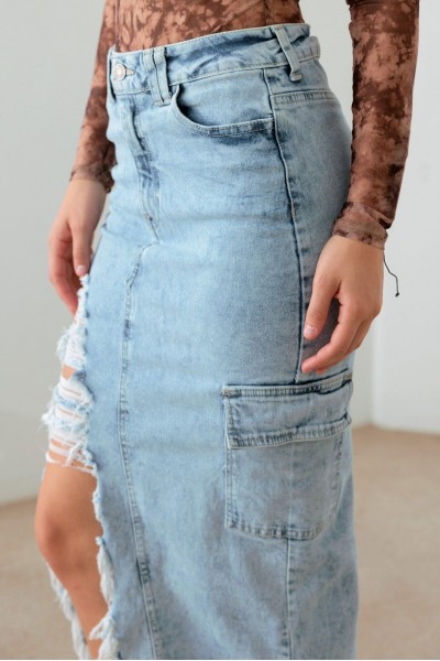 Front & Back Slit Cargo Pocket Maxi Denim Skirt