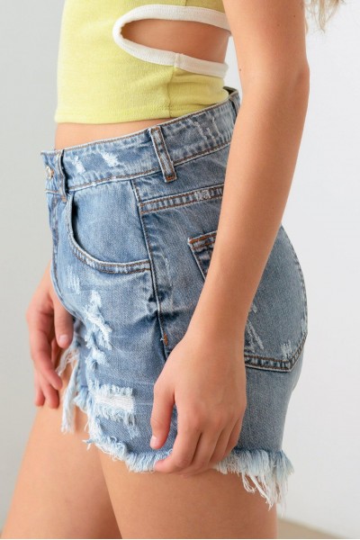 Blue High-Rise Ripped Distressed Denim Shorts