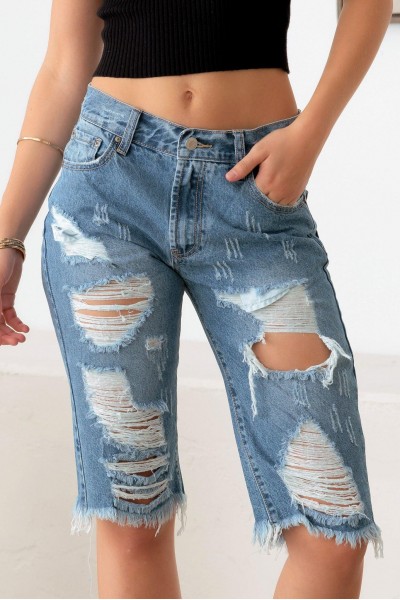 Destroyed Frayed Hem Denim Capri Shorts