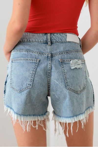 Blue Mid Waist Side Slit Destroyed Denim Shorts