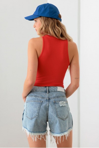 Blue Mid Waist Side Slit Destroyed Denim Shorts