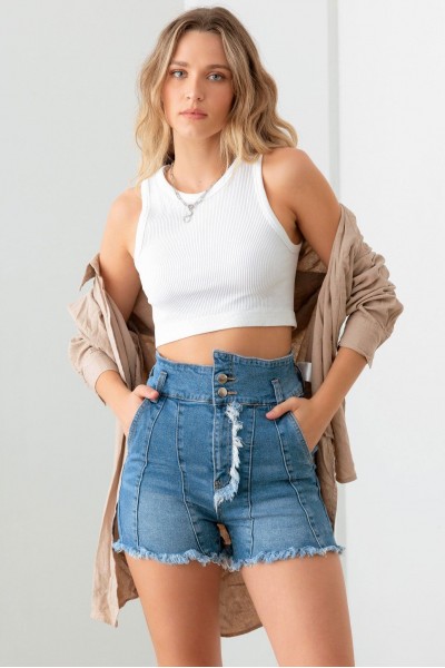 High Waist Front Tassel Detail Denim Shorts