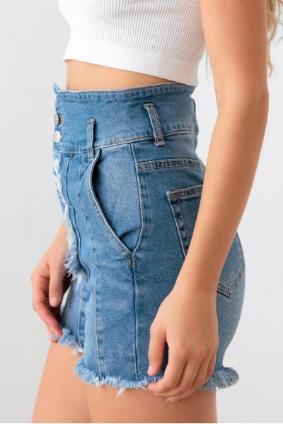 High Waist Front Tassel Detail Denim Shorts