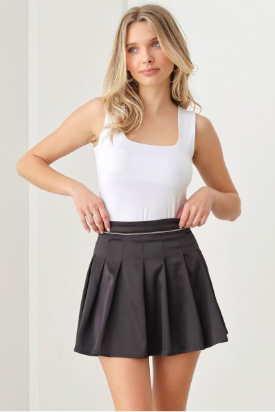 Satin Beaded Waist Pleated Mini Skirt