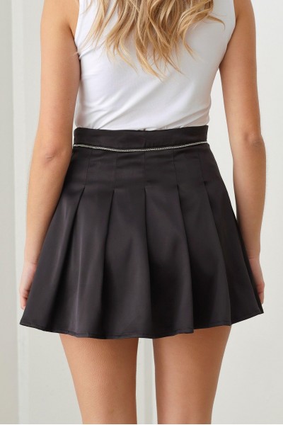 Satin Beaded Waist Pleated Mini Skirt