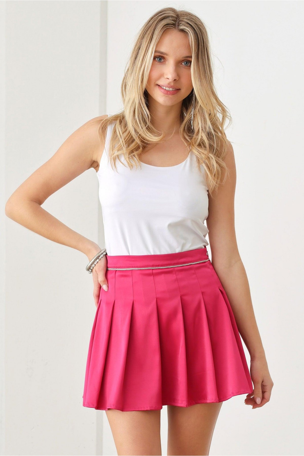 Satin Beaded Waist Pleated Mini Skirt