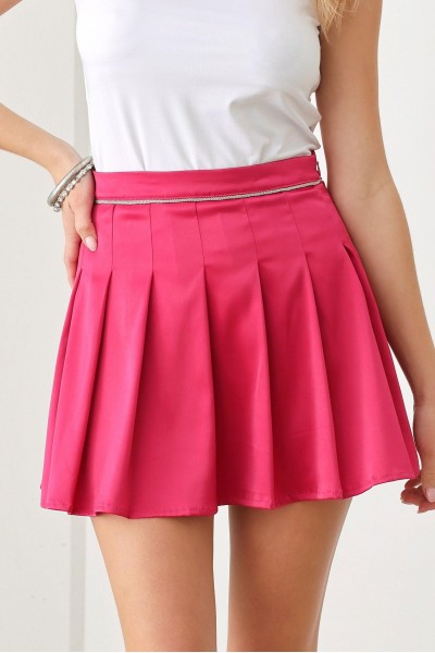 Satin Beaded Waist Pleated Mini Skirt