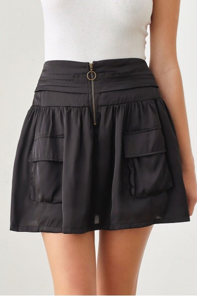 Front Out Pocket Zip Up Smocked Back Mini Skirt