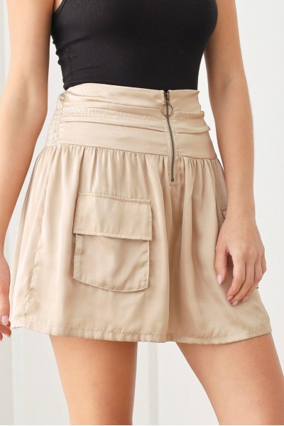 Front Out Pocket Zip Up Smocked Back Mini Skirt