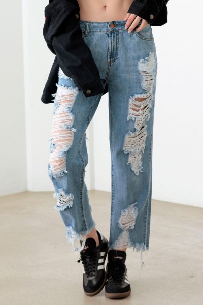 Blue Back And Front Distressed Straight Jeans