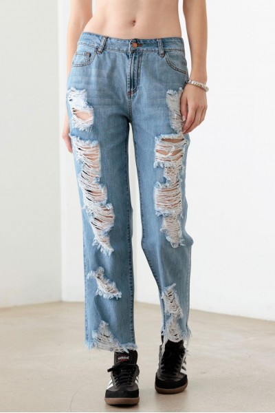 Blue Back And Front Distressed Straight Jeans