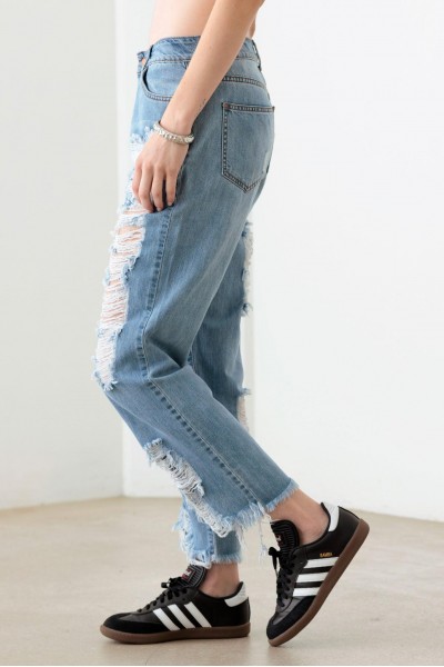 Blue Back And Front Distressed Straight Jeans