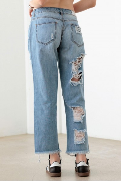 Blue Back And Front Distressed Straight Jeans