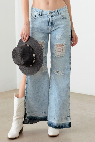 Light Blue Destroyed Deep Side Slit Raw Hem Jeans