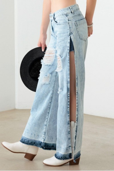 Light Blue Destroyed Deep Side Slit Raw Hem Jeans