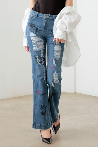 Blue Mid Waist Slogan Graphic Print Flare Jeans