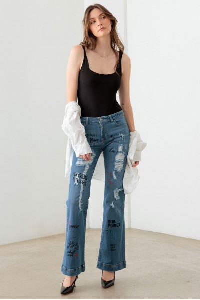 Blue Mid Waist Slogan Graphic Print Flare Jeans