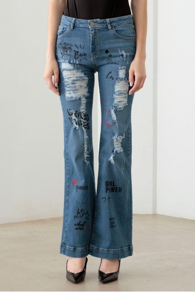 Blue Mid Waist Slogan Graphic Print Flare Jeans