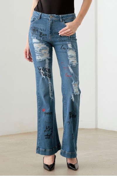 Blue Mid Waist Slogan Graphic Print Flare Jeans