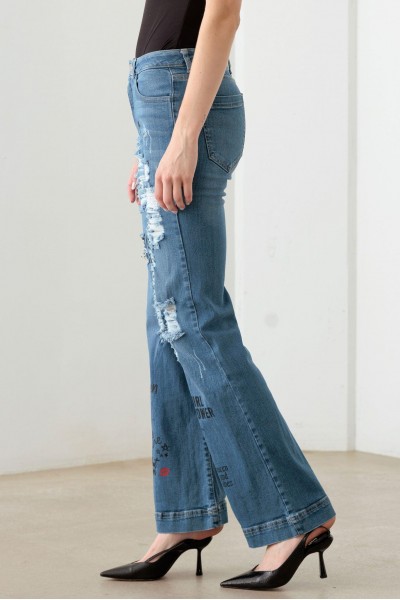 Blue Mid Waist Slogan Graphic Print Flare Jeans