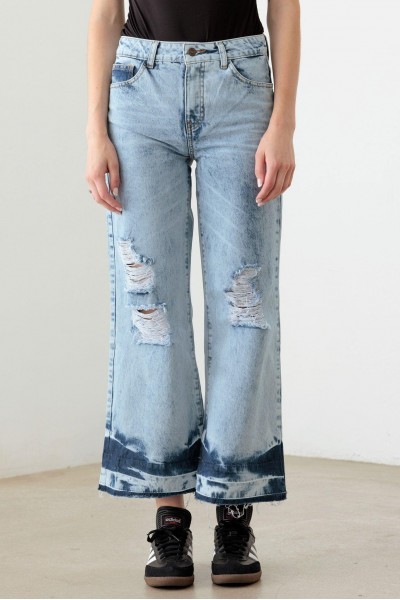 Blue Acid Washed Cotton Destroyed Cropped Jeans