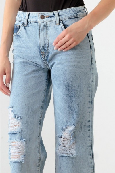 Blue Acid Washed Cotton Destroyed Cropped Jeans