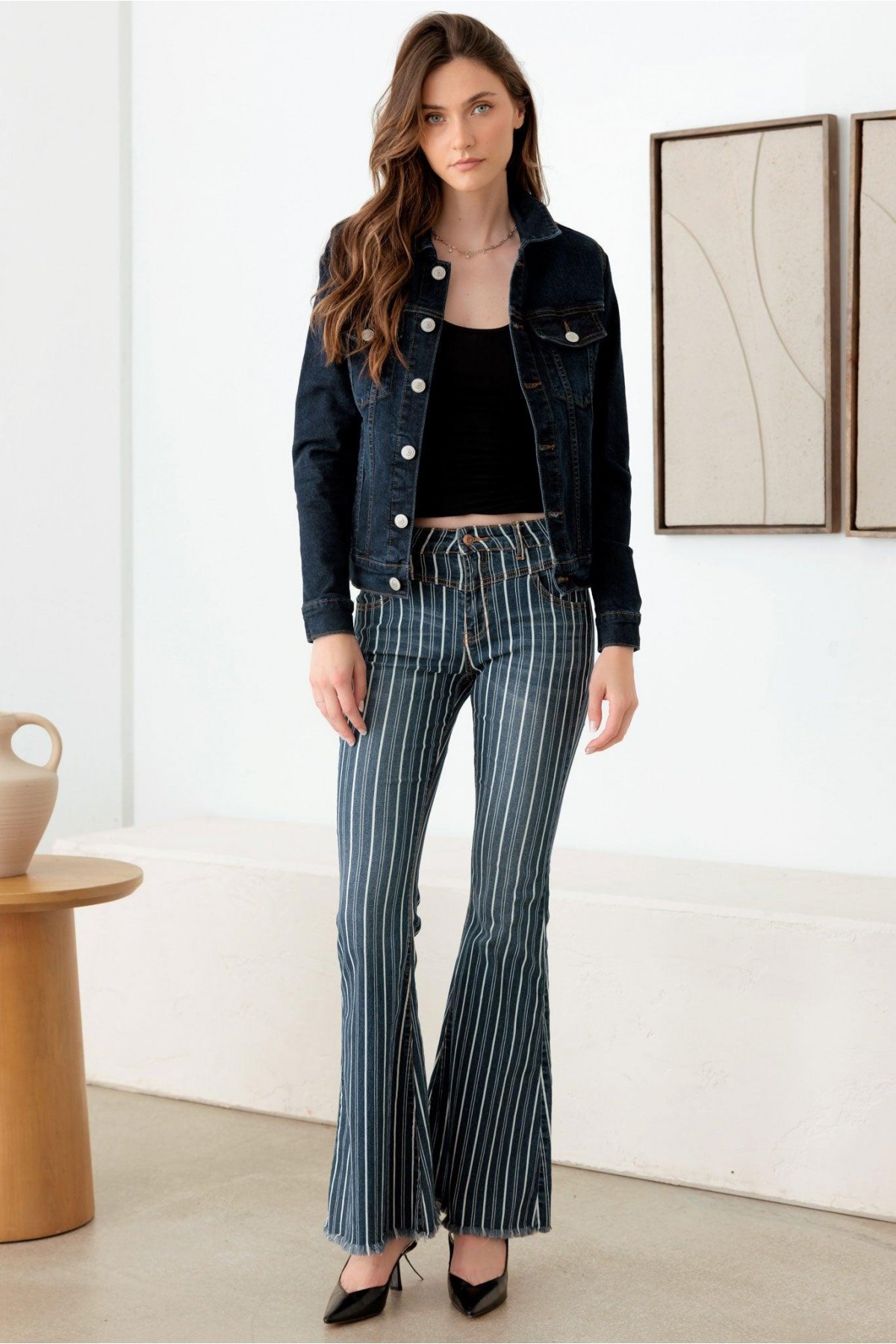 Mid Waist Stripe Flare Denim Jeans