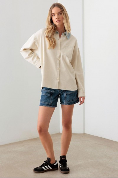 Cream Contrast Collar Cotton Pocket Oversized Shacket