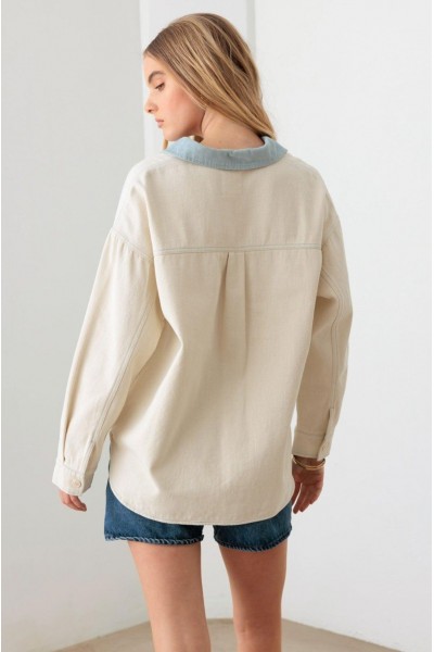 Cream Contrast Collar Cotton Pocket Oversized Shacket